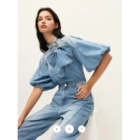 NWT Commense Denim Puff-Sleeve Top With Bow Detail Sz L - Picture 5 of 7